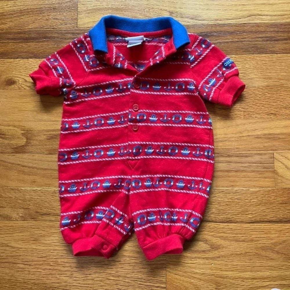 Vintage OshKosh Red Nautical Baby Romper Size 3-6 Months 90s 80s Boy Shower